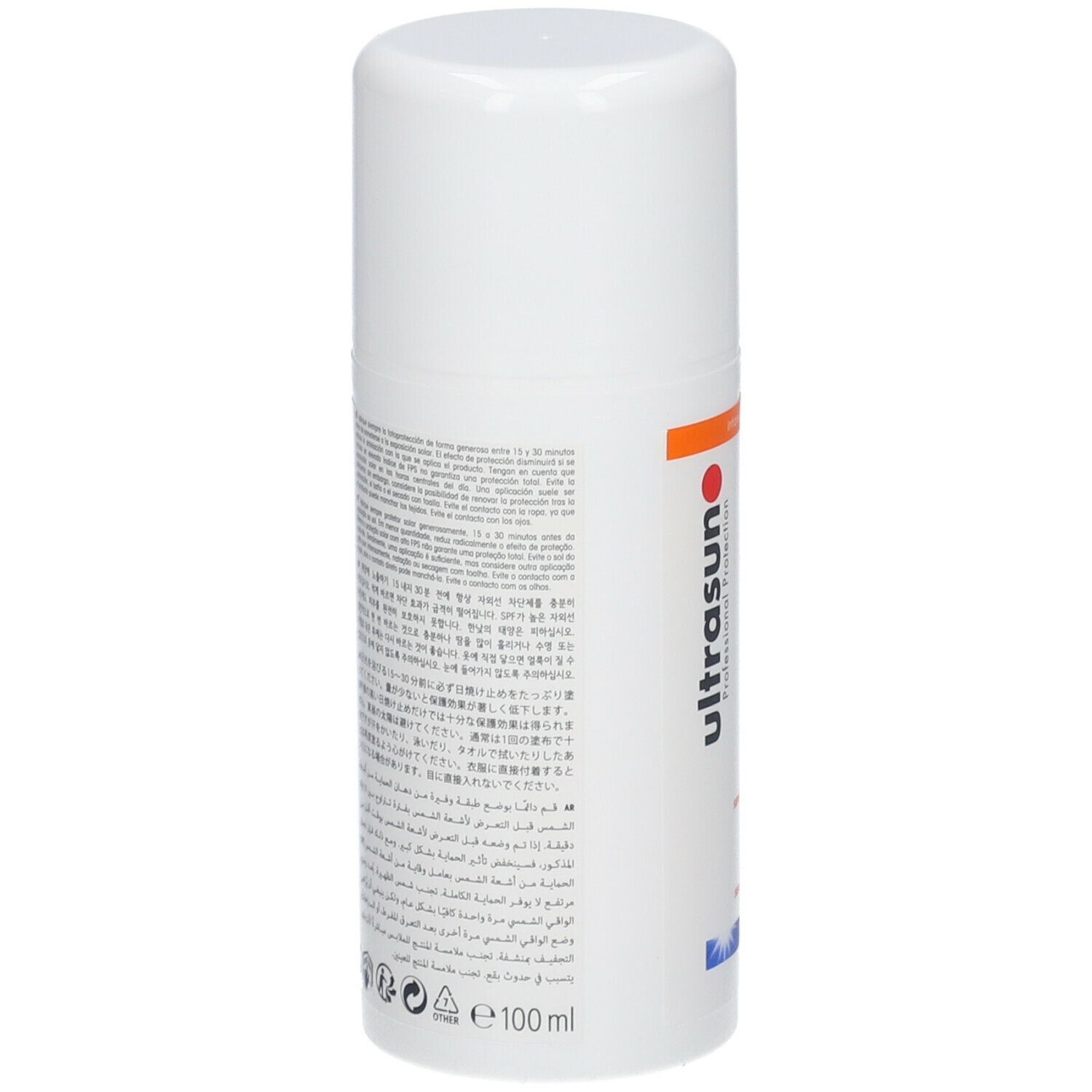 Flacon blanc avec texte multilingue. Inscription: ultrasun. En bas: 100 ml.