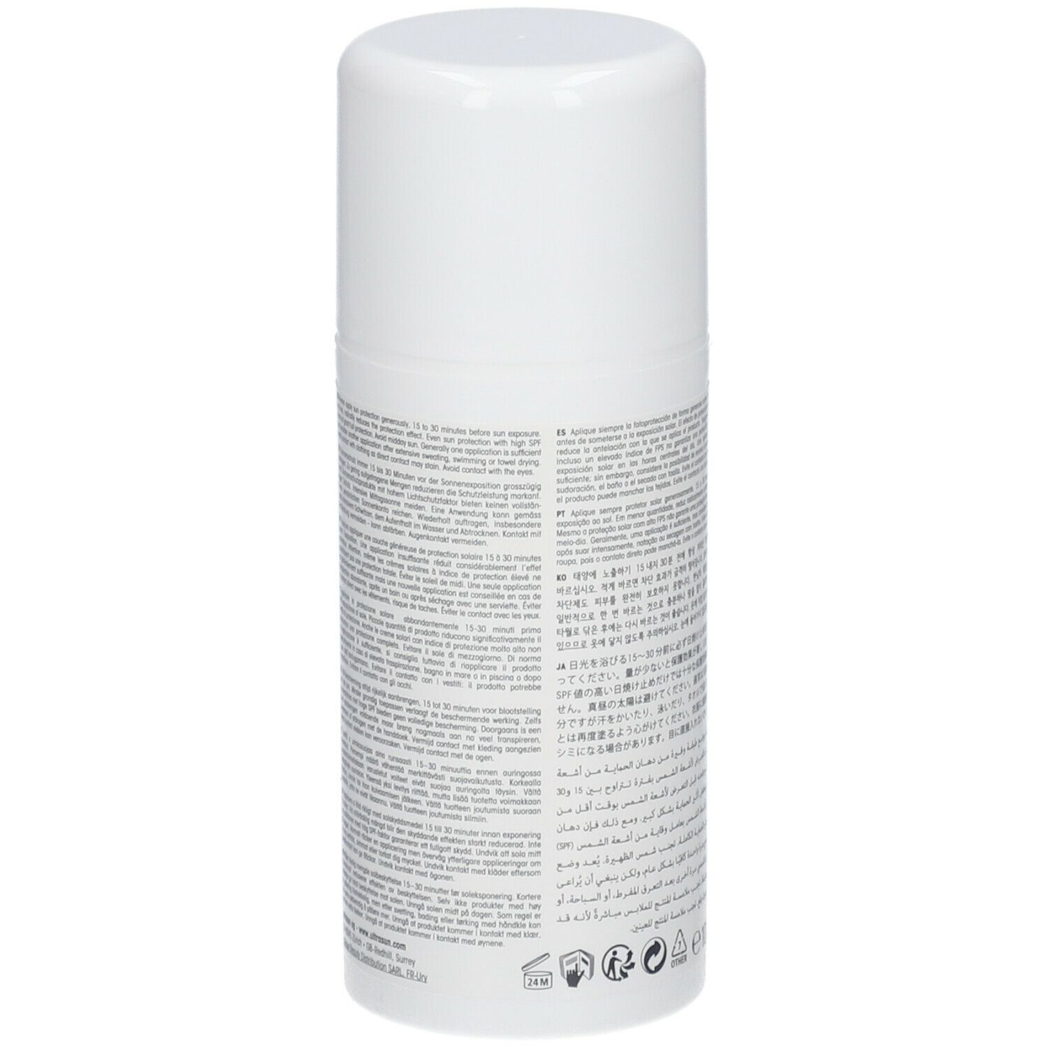 Flacon blanc avec texte multilingue. Inscription: ultrasun. En bas: symboles et texte.