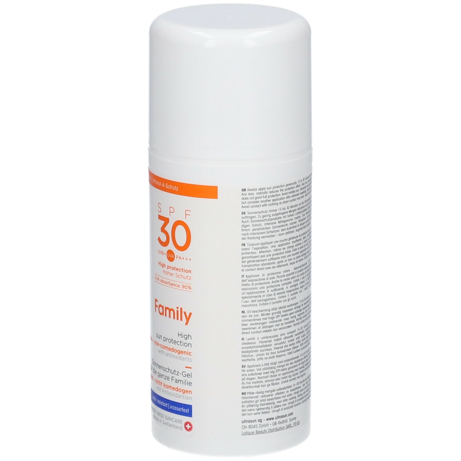Flacon blanc avec détails orange. Inscriptions: ultrasun, SPF 30, Family. Protection solaire pour peaux sensibles.
