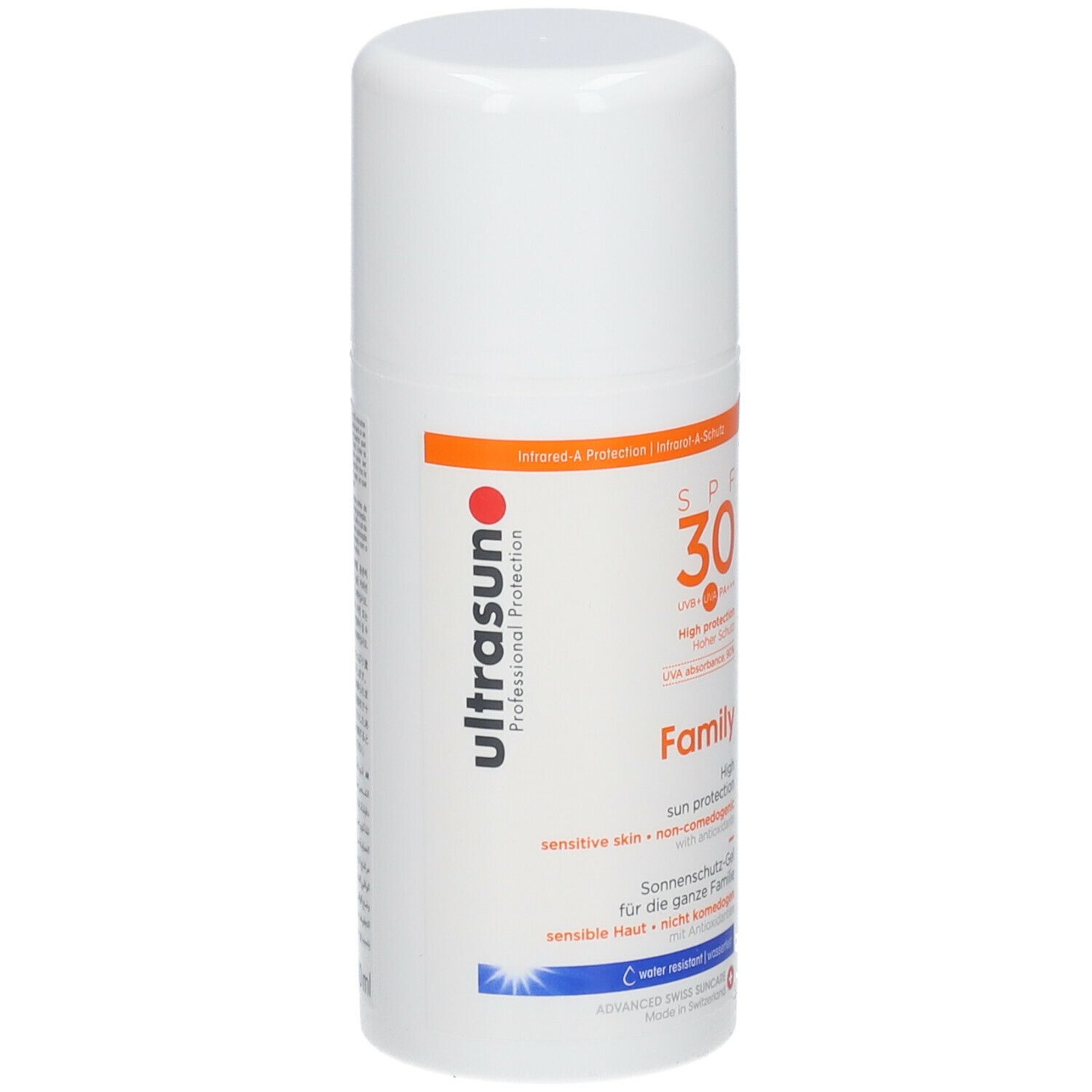 Flacon blanc avec détails orange. Inscriptions: ultrasun, SPF 30, Family. Protection solaire pour peaux sensibles.