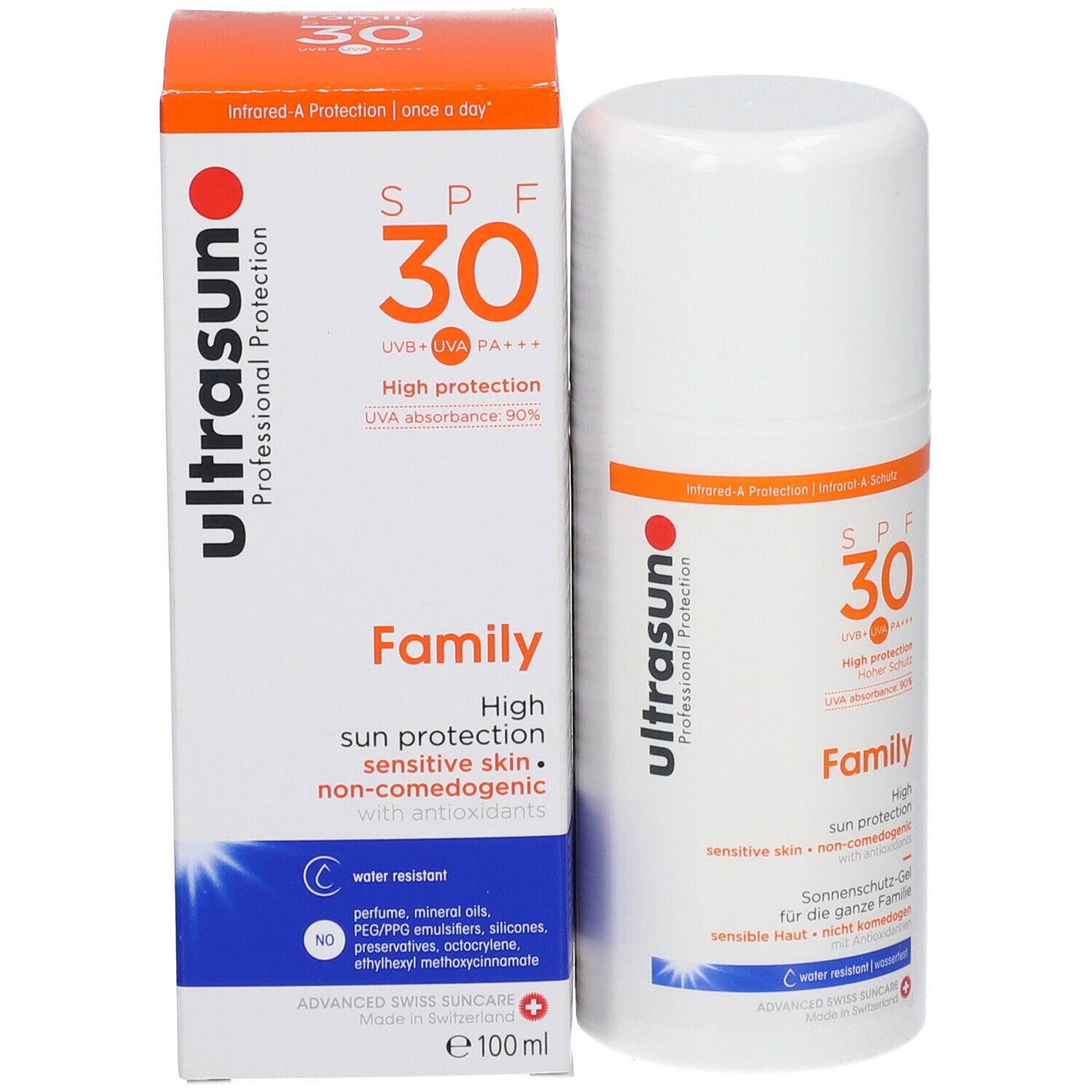 Emballage produit avec flacon et carton. Inscriptions: ultrasun, SPF 30, Family. Protection solaire. 100 ml.