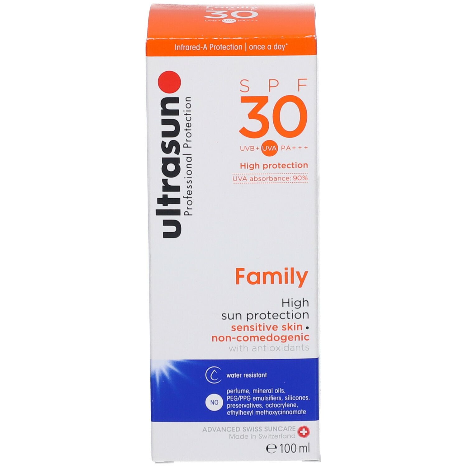 Emballage produit, carton. Inscriptions: ultrasun, SPF 30, Family. Protection solaire. 100 ml.