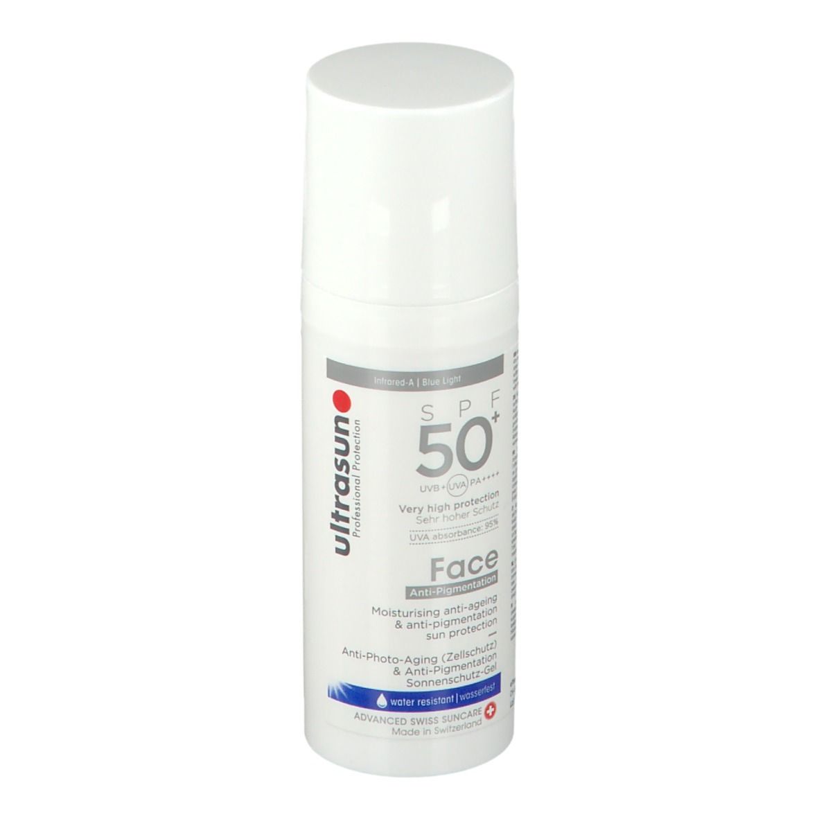 Flacon blanc avec bouchon pulvérisateur. Inscription: Ultrasun, SPF 50+, Face. Anti-photo-vieillissement, résistant à l'eau.