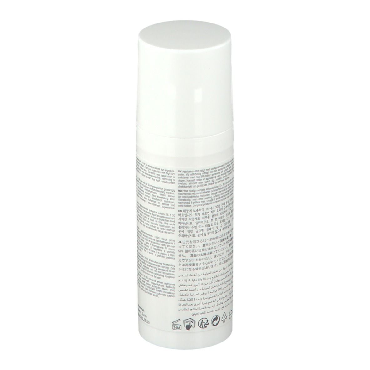 Flacon blanc avec bouchon pulvérisateur. Texte au dos. Inscription: Ultrasun, SPF 50+, Face. Résistant à l'eau.