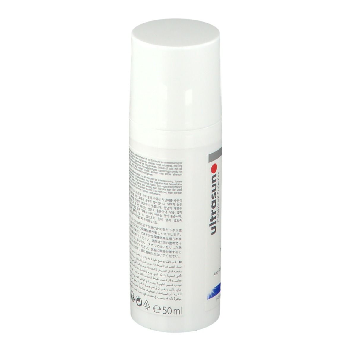 Flacon blanc avec bouchon pulvérisateur. Texte au dos. Inscription: Ultrasun, SPF 50+, Face. Résistant à l'eau.