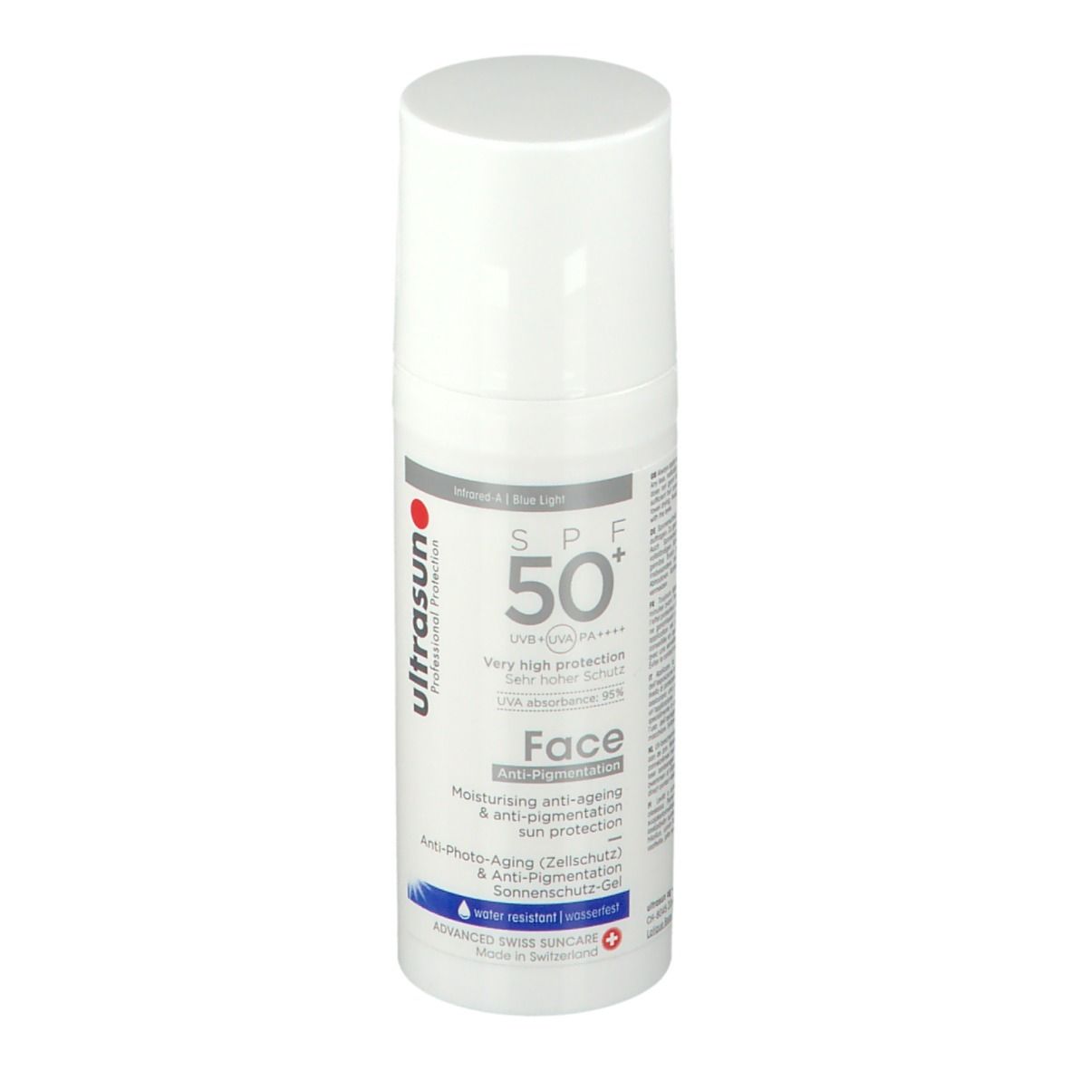 Flacon blanc avec bouchon pulvérisateur. Inscription: Ultrasun, SPF 50+, Face. Anti-photo-vieillissement, résistant à l'eau.