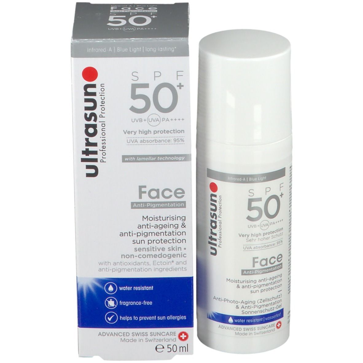 Emballage du produit avec flacon. Inscription: Ultrasun, SPF 50+, Face. Anti-photo-vieillissement, résistant à l'eau.