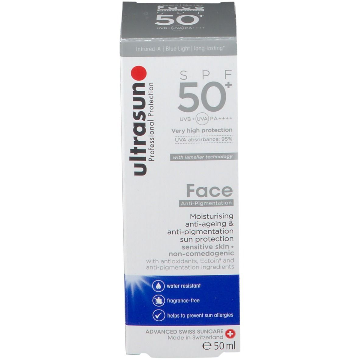 Emballage du produit. Inscription: Ultrasun, SPF 50+, Face. Anti-photo-vieillissement, résistant à l'eau.