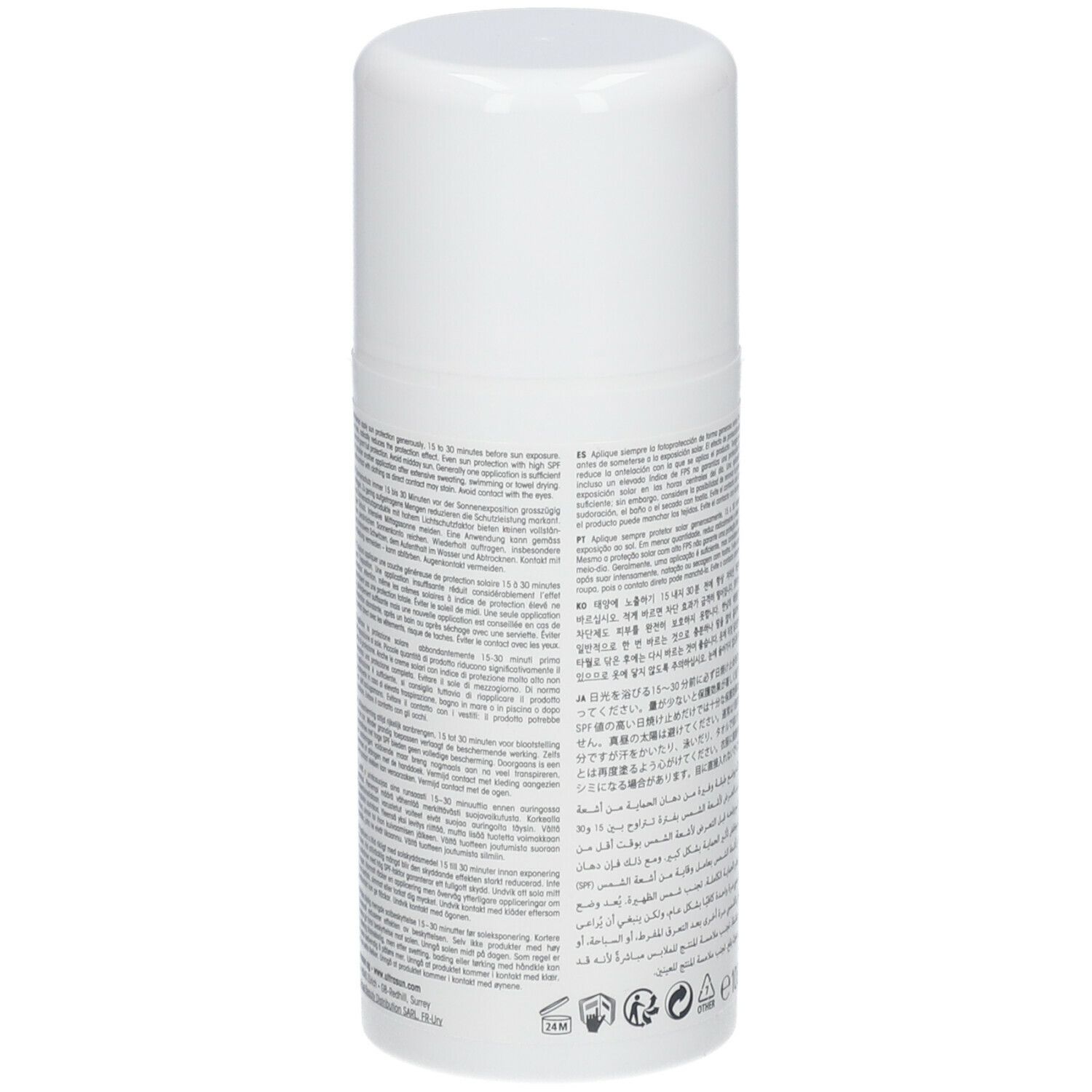 Witte fles met meertalige tekst. Opschrift: ultrasun. Gebruiksinformatie.