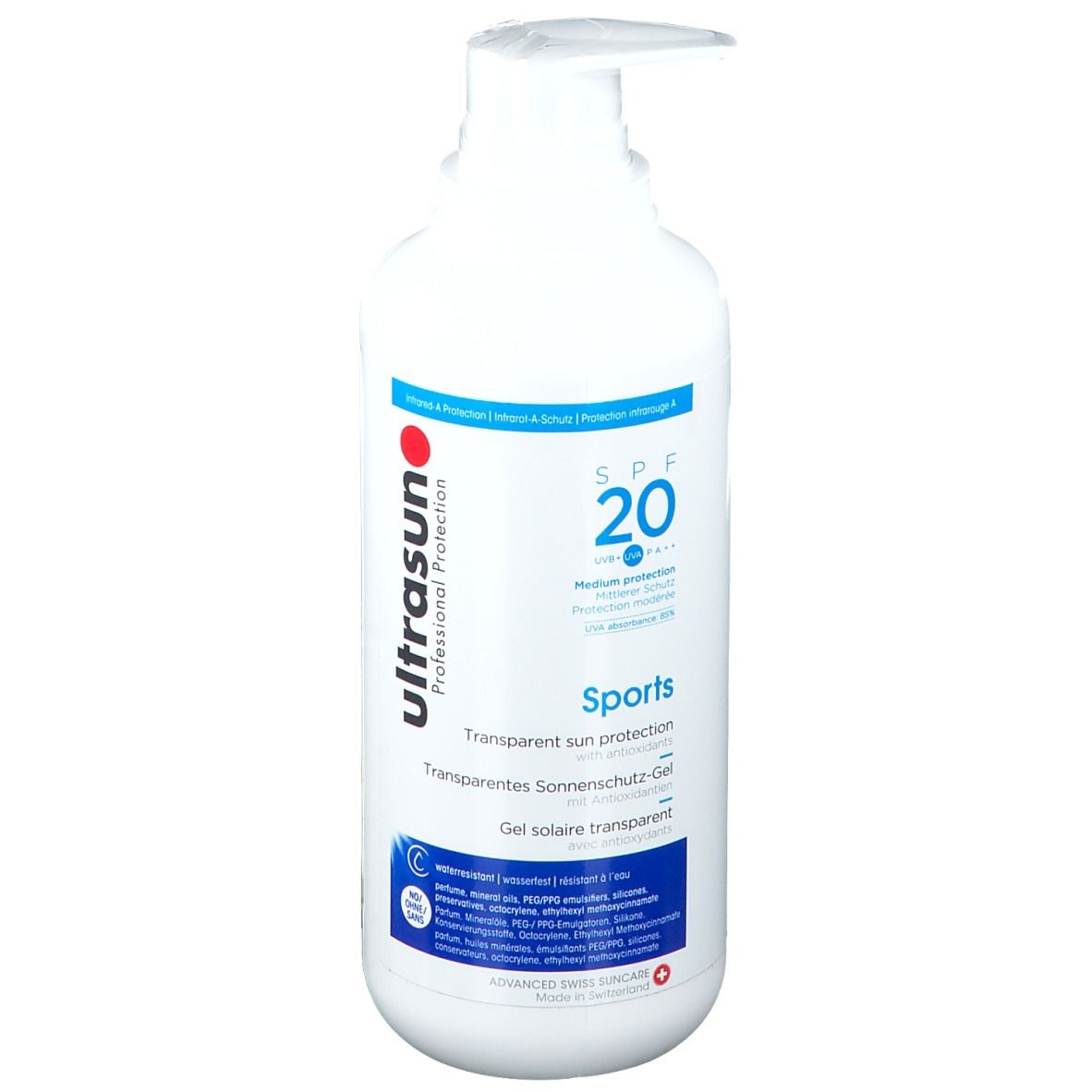 Weiße Flasche mit Pumpverschluss. Aufschrift: Ultrasun Professional Protection, SPF 20, Sports. Gel solaire transparent.