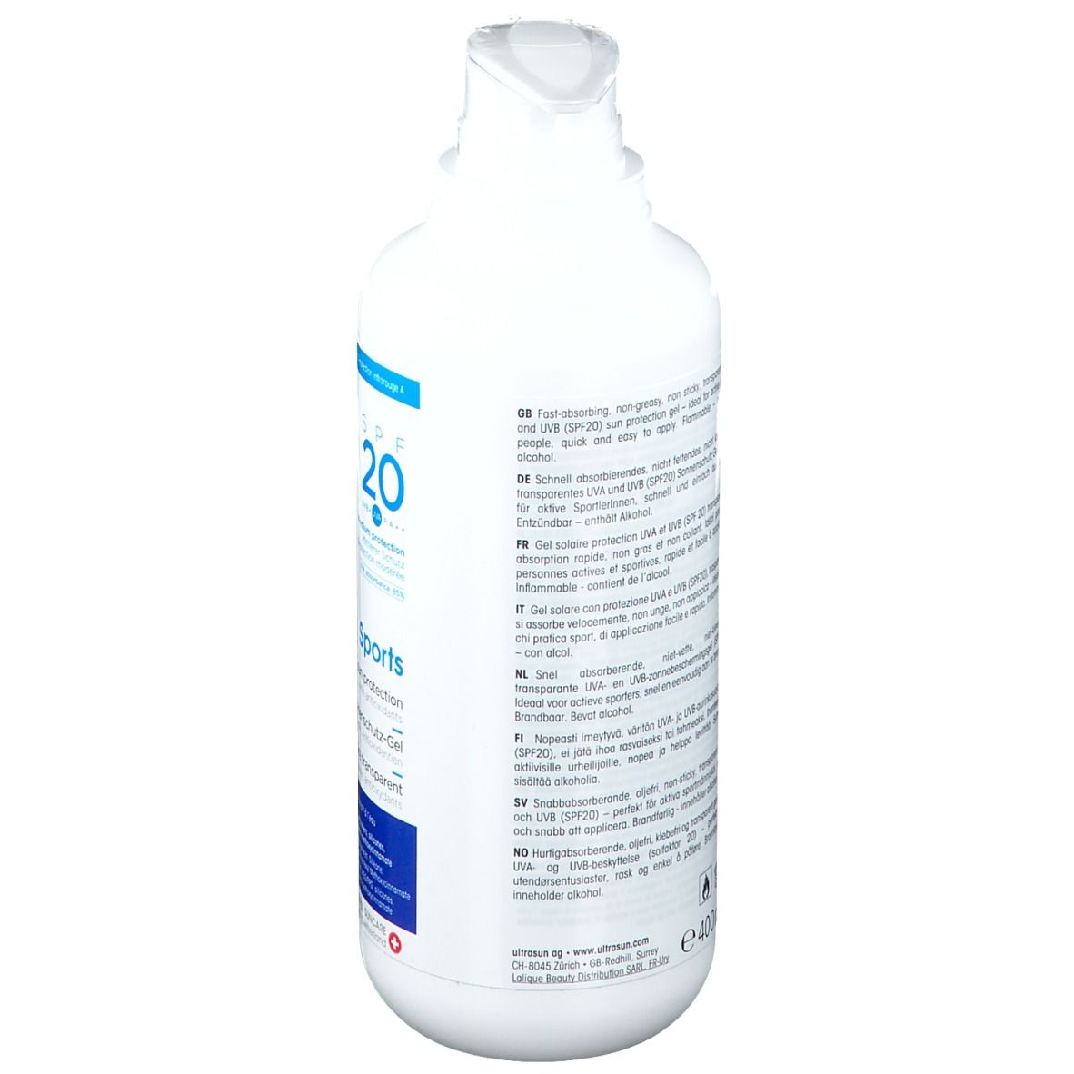 Weiße Flasche mit Text. Rückseite mit Produktinformationen. Enthält Text in mehreren Sprachen.