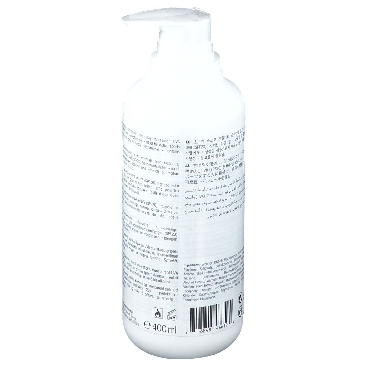 Weiße Flasche mit Text. Rückseite mit Produktinformationen und Inhaltsstoffen. Enthält Text in mehreren Sprachen.