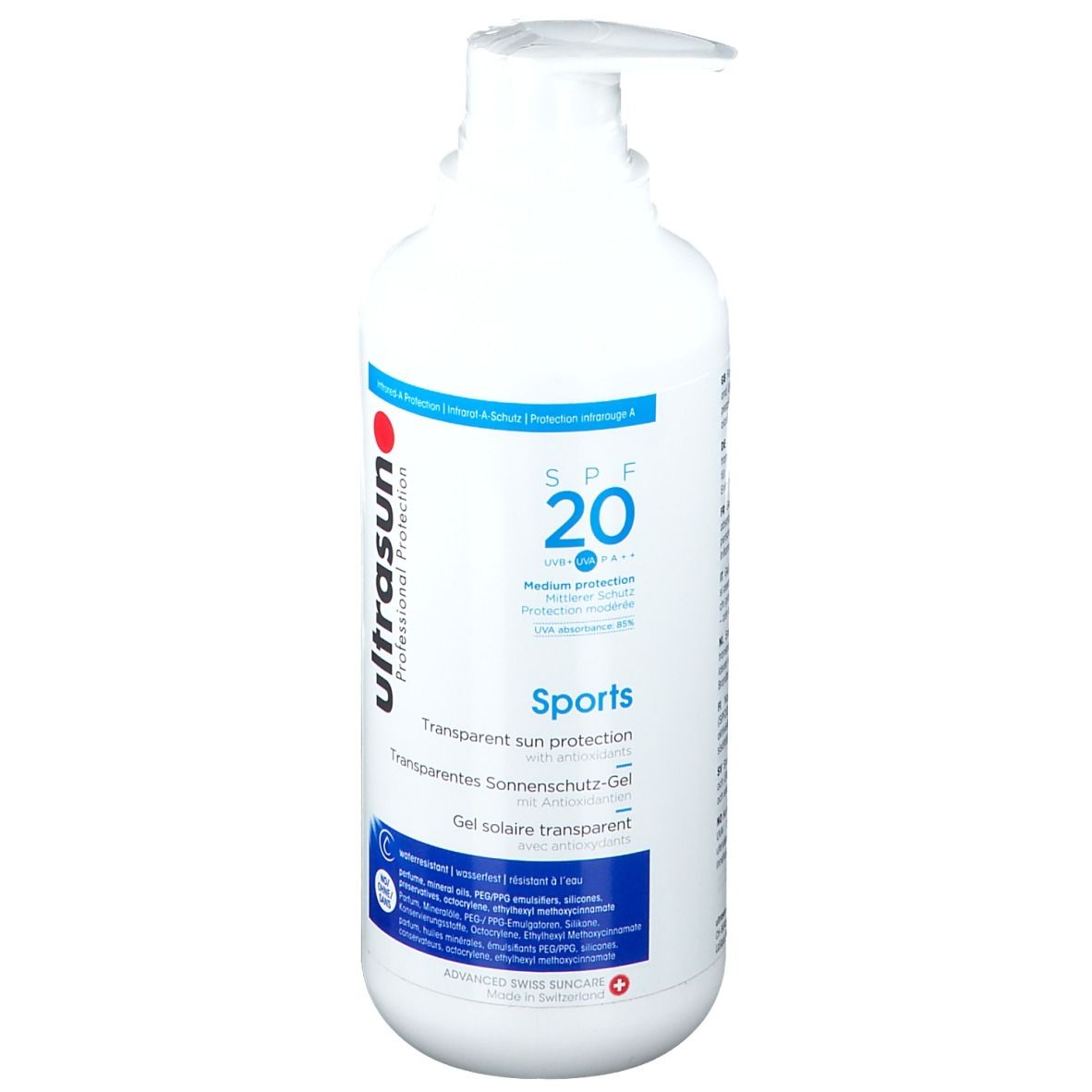 Weiße Flasche mit Pumpverschluss. Aufschrift: Ultrasun Professional Protection, SPF 20, Sports. Gel solaire transparent.