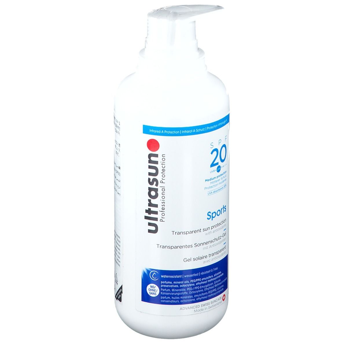 Weiße Flasche mit Pumpverschluss. Aufschrift: Ultrasun Professional Protection, SPF 20, Sports. Gel solaire transparent.