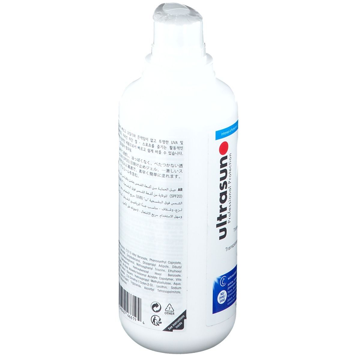 Weiße Flasche mit Text. Rückseite mit Produktinformationen. Enthält Text in mehreren Sprachen.