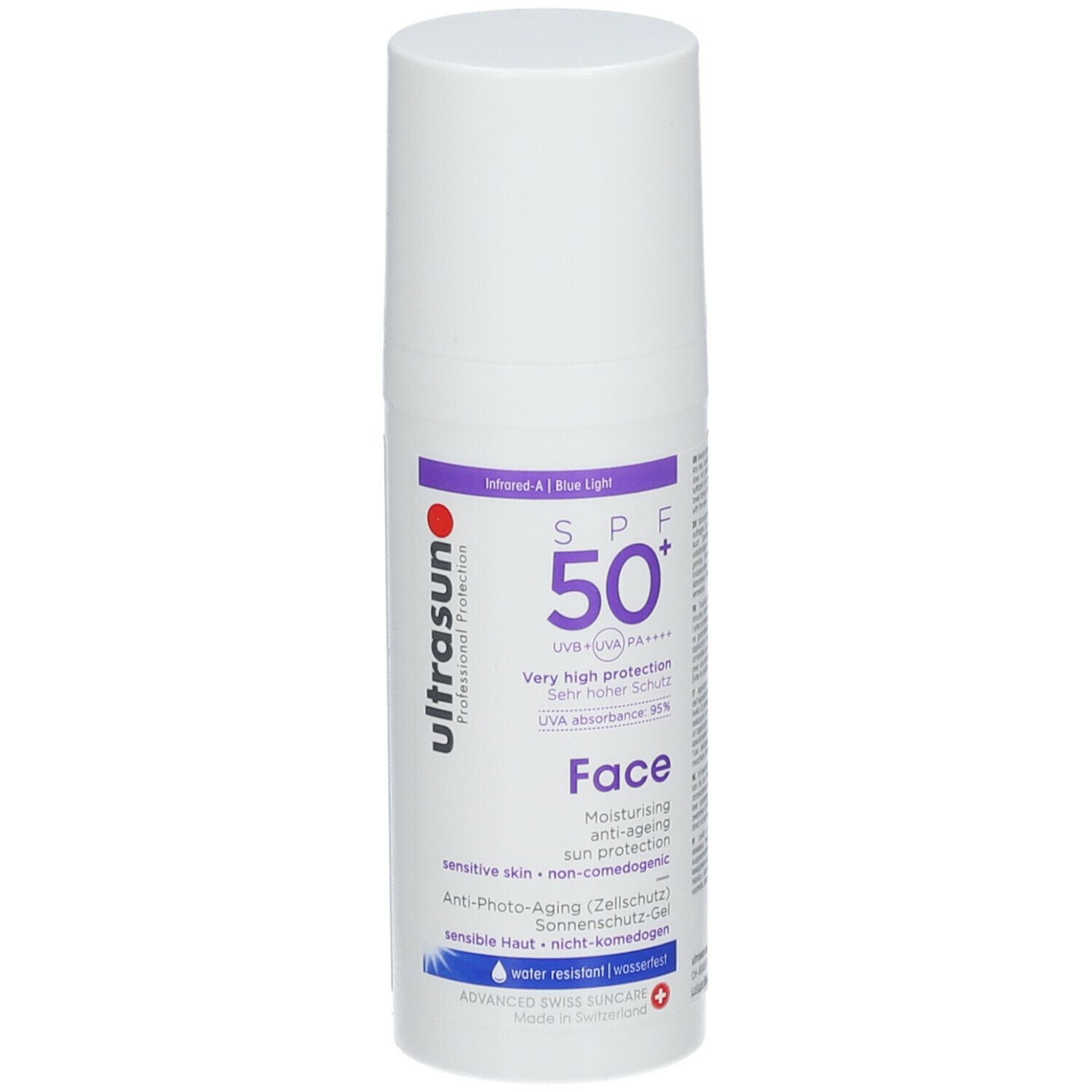 Flacon blanc avec texte bleu-violet. Texte: SPF 50+, Face, Ultrasun. Gel solaire.