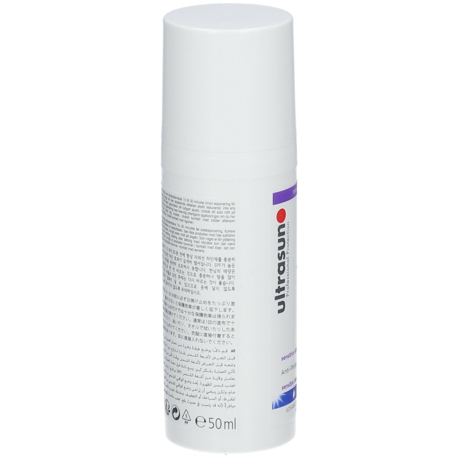 Flacon blanc avec texte en plusieurs langues. Inscription: e50ml.