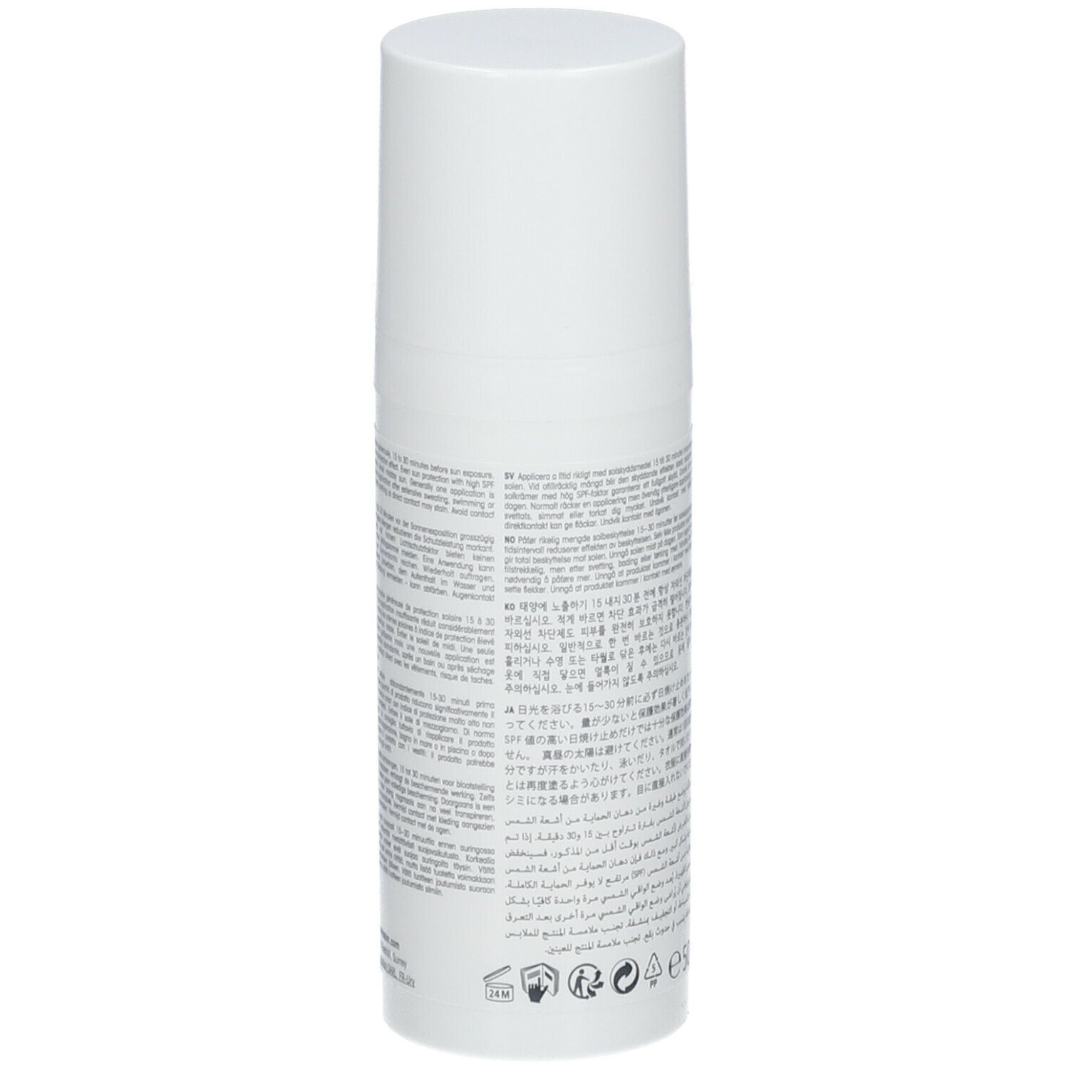 Flacon blanc avec texte en plusieurs langues et symboles.