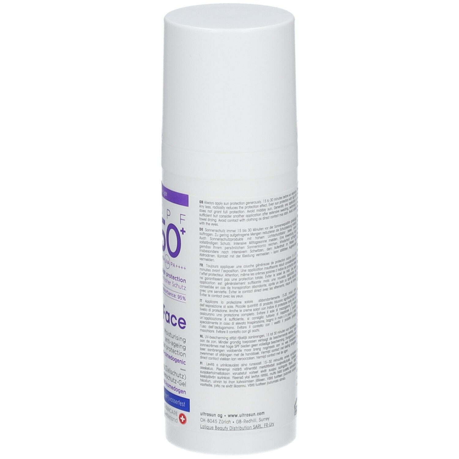 Flacon blanc avec texte bleu-violet. Texte: SPF 50+, Face, Ultrasun. Gel solaire.