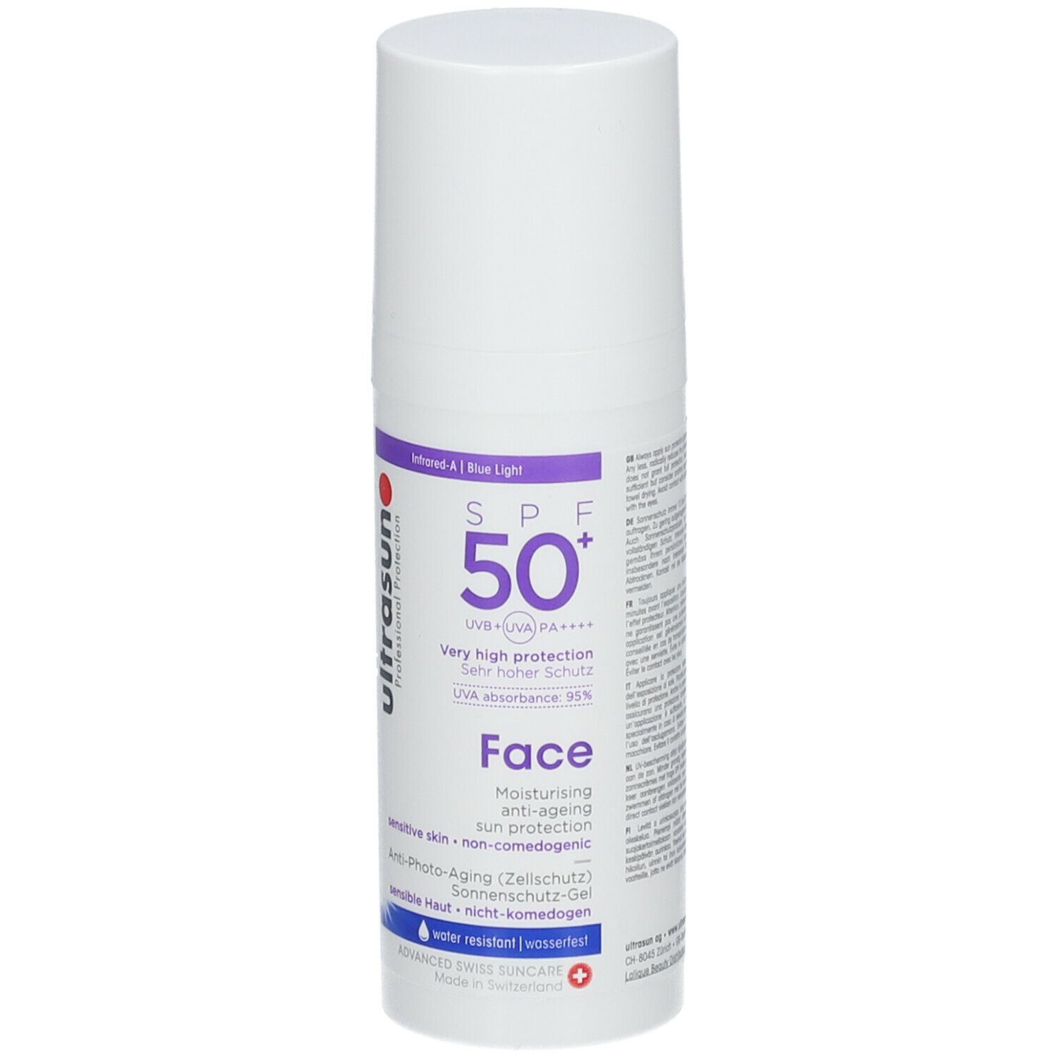 Flacon blanc avec texte bleu-violet. Texte: SPF 50+, Face, Ultrasun. Gel solaire.