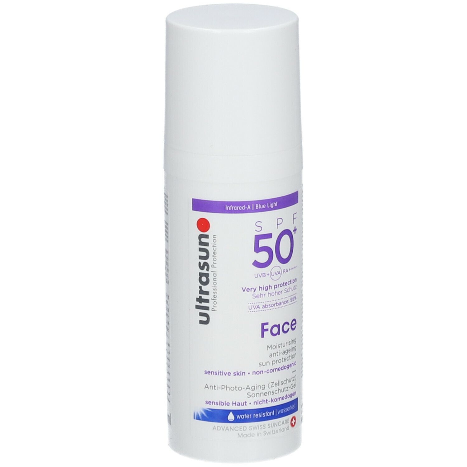 Flacon blanc avec texte bleu-violet. Texte: SPF 50+, Face, Ultrasun. Gel solaire.