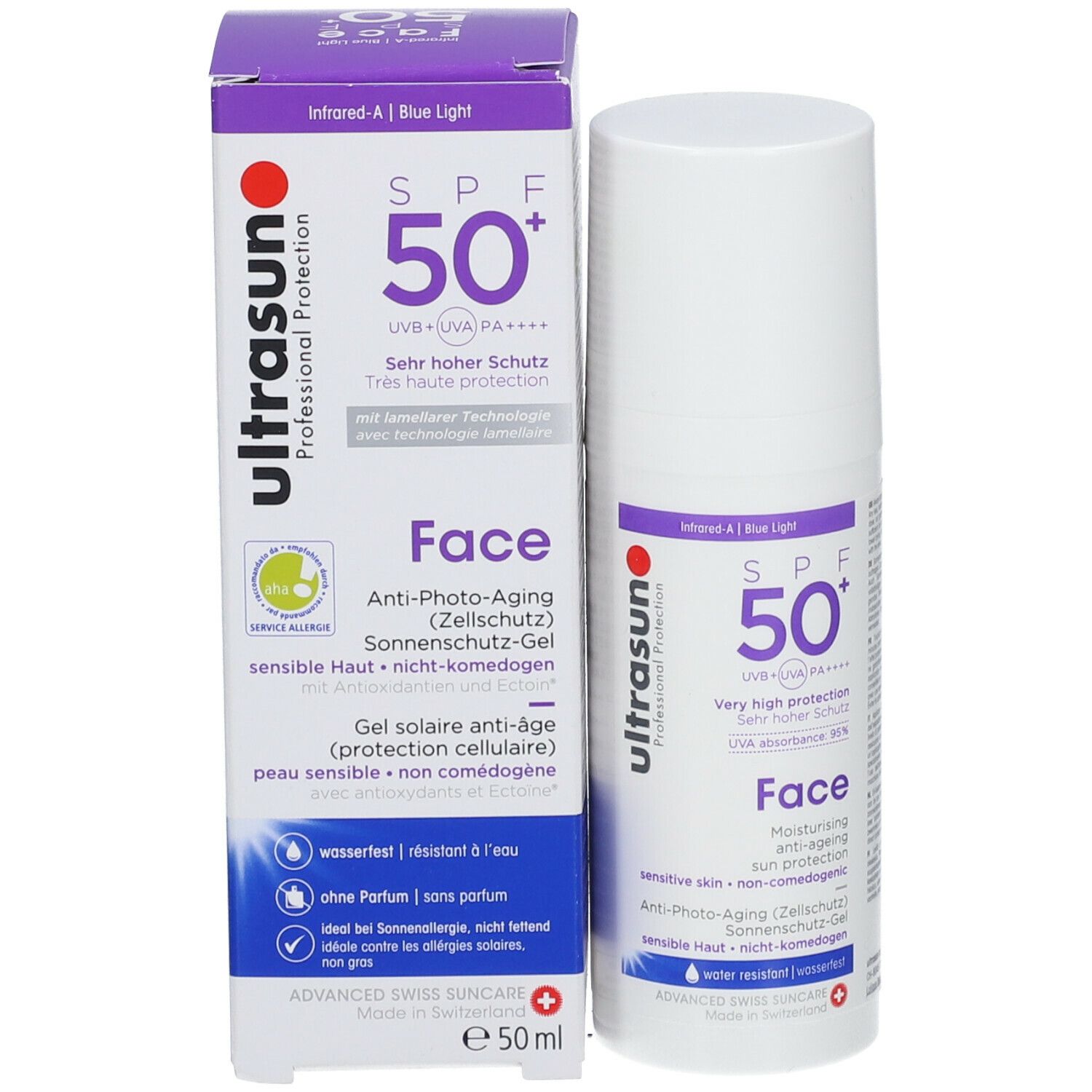 Emballage du produit avec flacon et boîte. Texte: SPF 50+, Face, Ultrasun. Gel solaire.