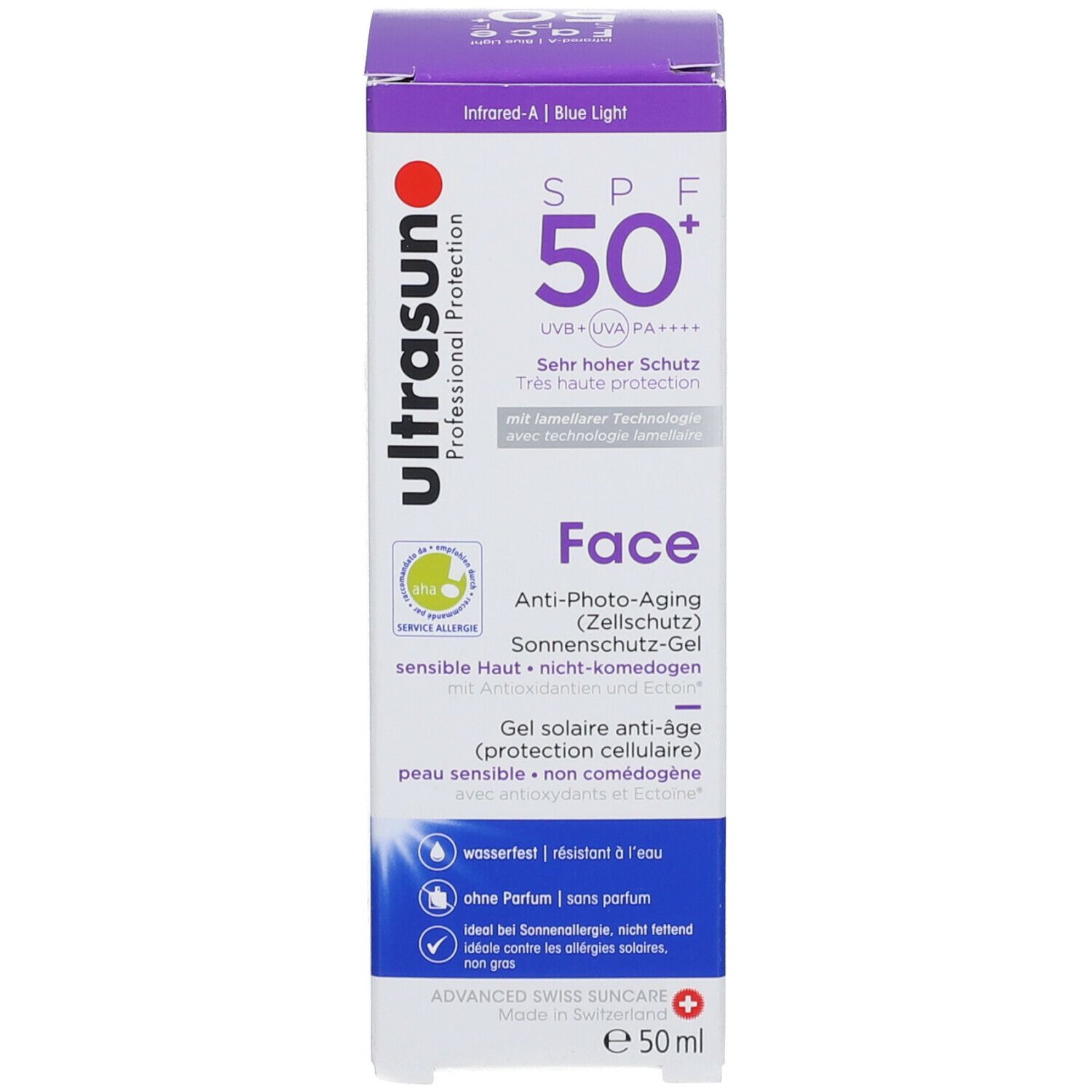Emballage du produit avec boîte. Texte: SPF 50+, Face, Ultrasun. Gel solaire.