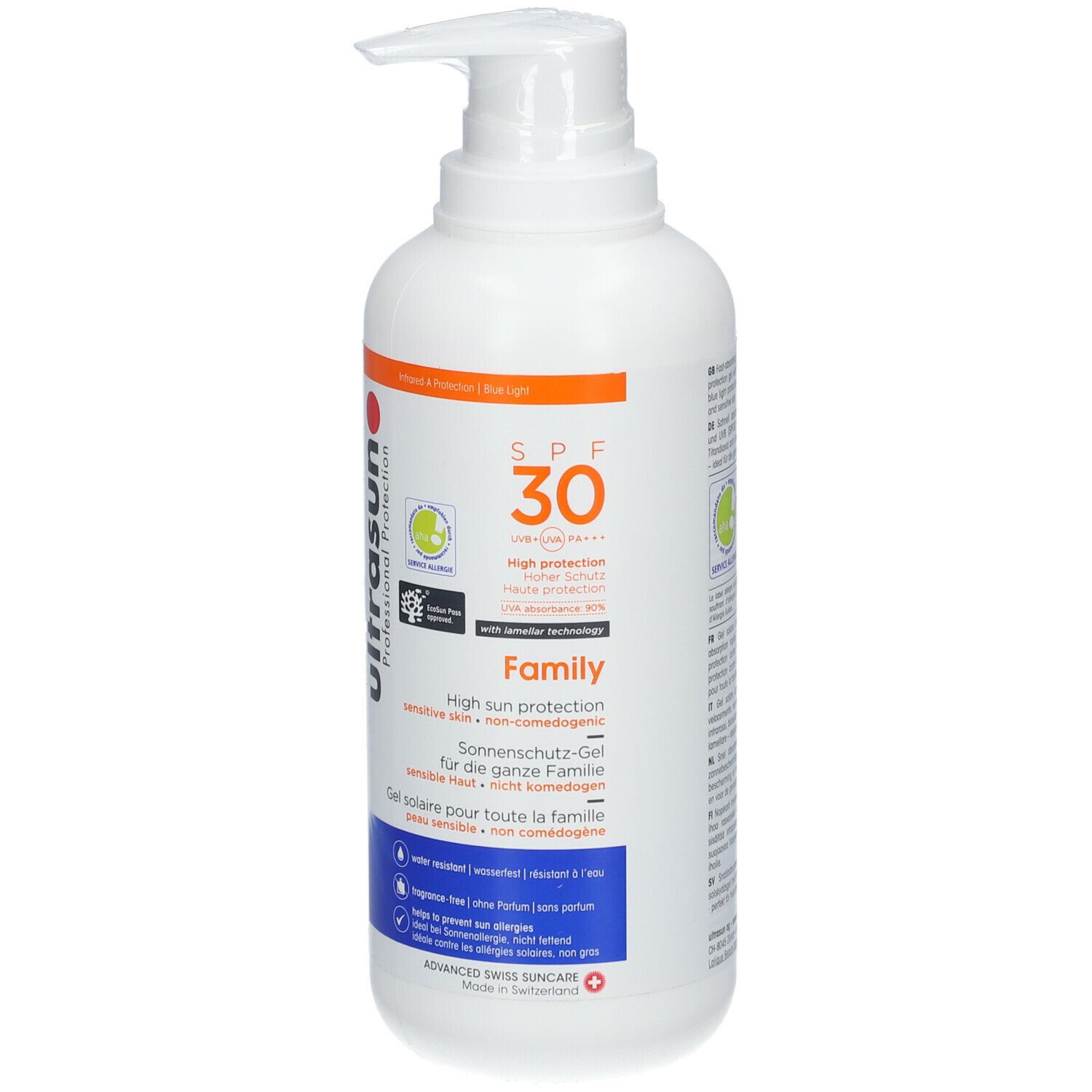 Flacon blanc avec pompe. Inscriptions : ultrasun, SPF 30, Family. Logos et texte multilingue.