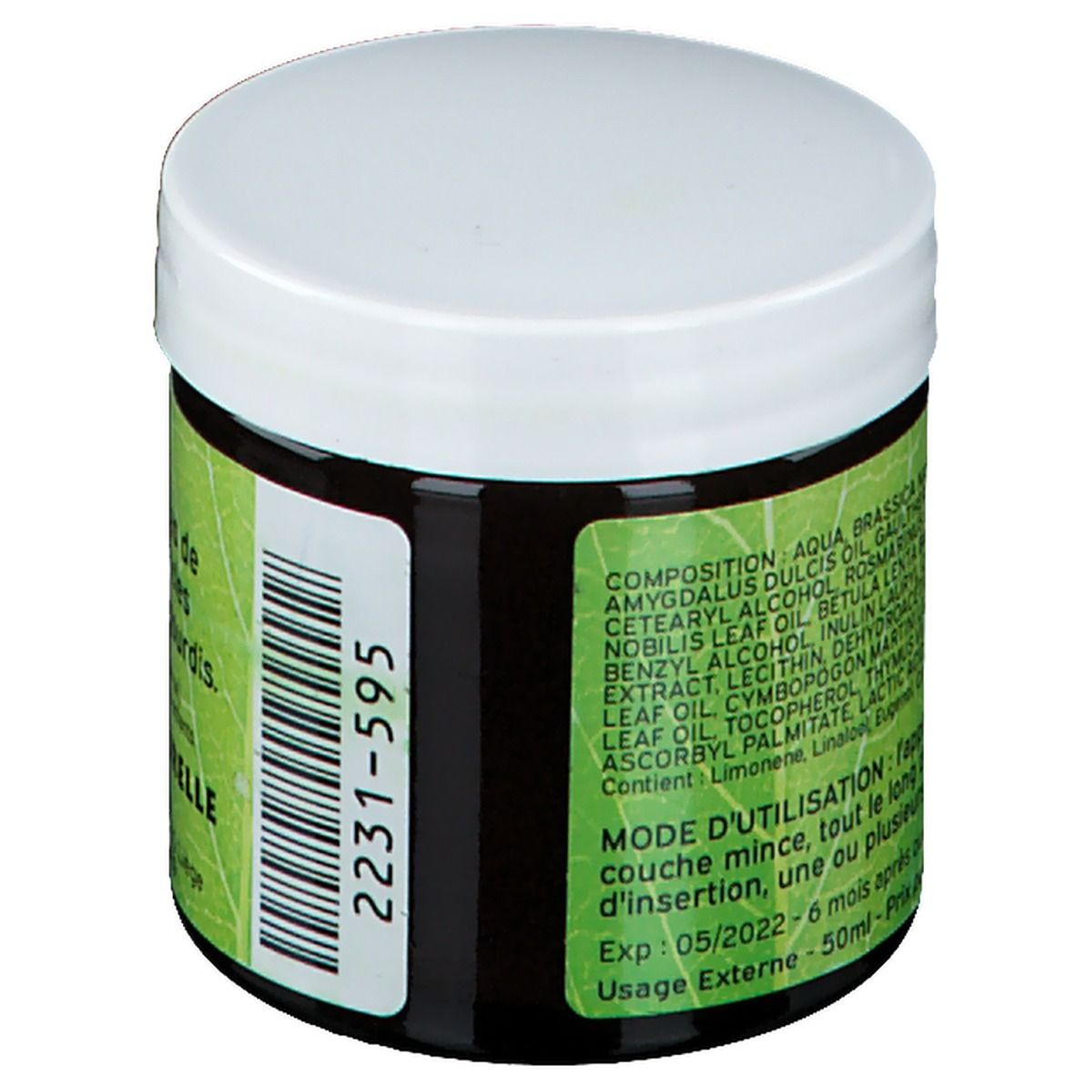 Pot de crème brun foncé avec couvercle blanc. Étiquette verte et blanche avec ingrédients et texte en français. Code 2231-595.