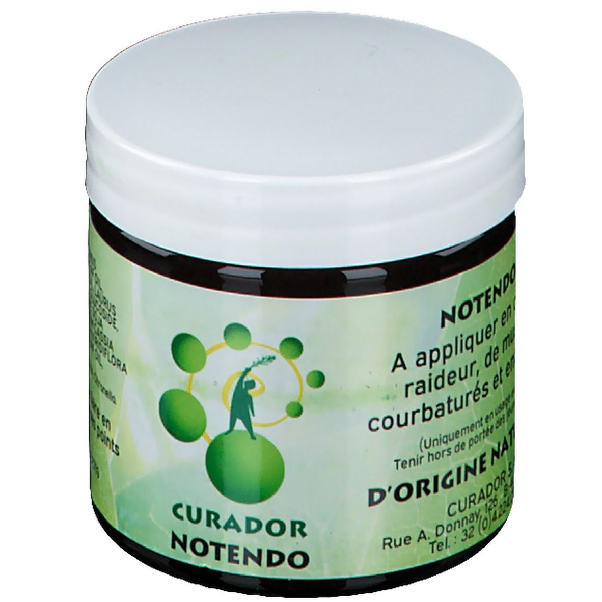 Pot de crème brun foncé avec couvercle blanc. Étiquette verte et blanche avec nom du produit et texte en français.