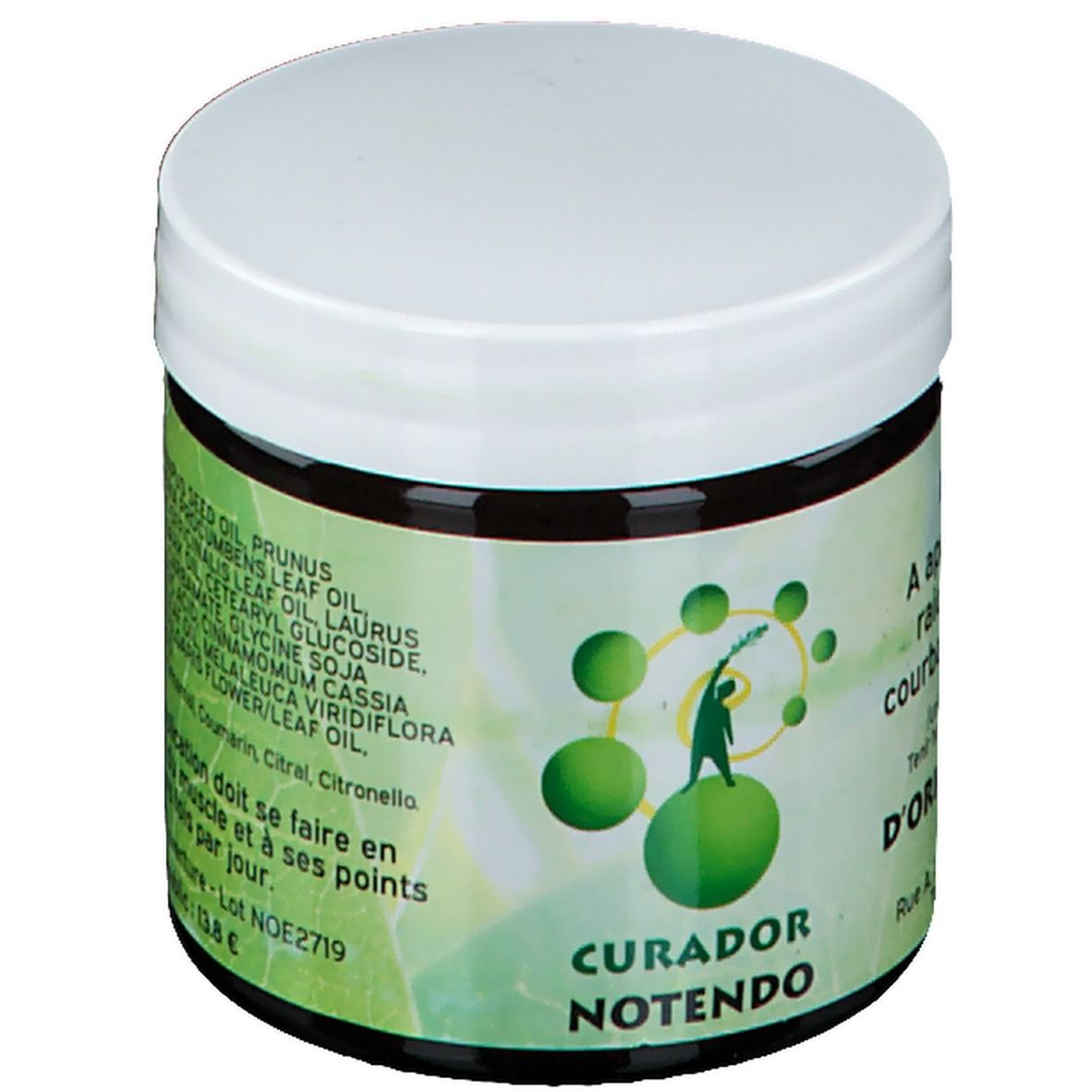 Pot de crème brun foncé avec couvercle blanc. Étiquette verte et blanche avec nom du produit et texte en français.