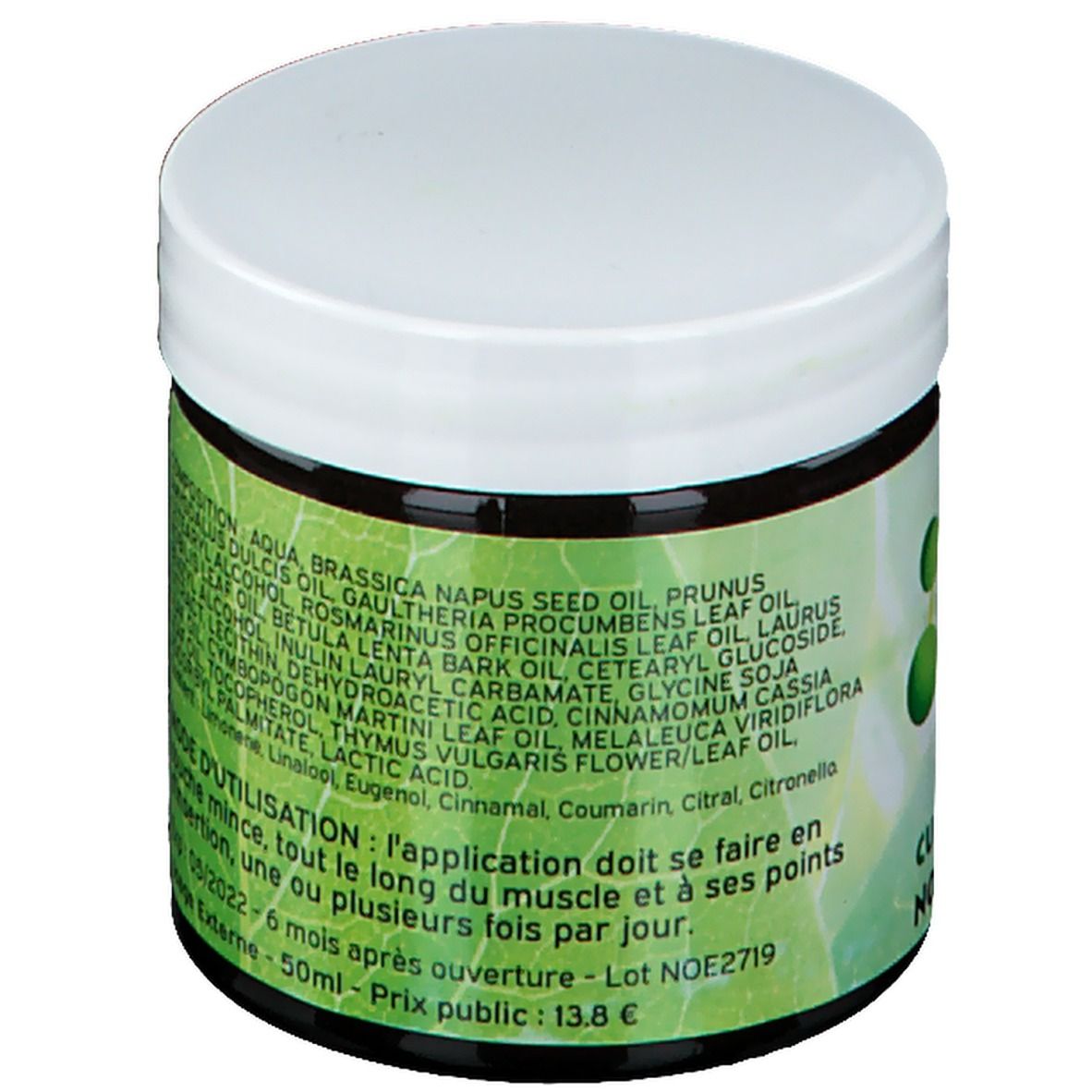 Pot de crème brun foncé avec couvercle blanc. Étiquette verte et blanche avec ingrédients et texte en français. Code et prix.