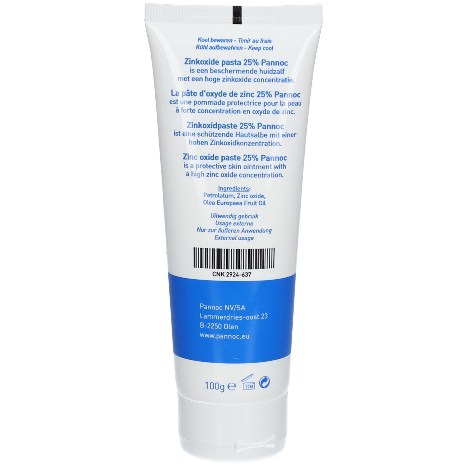 Rückseite der Tube Zinkoxidpaste 25%. Blaue Etikett mit Text, Inhaltsstoffen und Logo. "External usage".