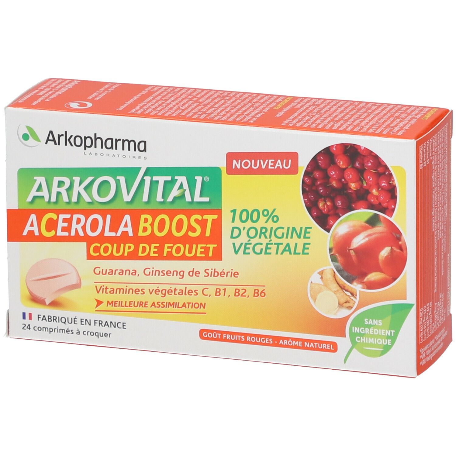 Boîte Arkovital Acerola Boost. Contient 24 comprimés. Avec fruits rouges, arôme et vitamines végétales.