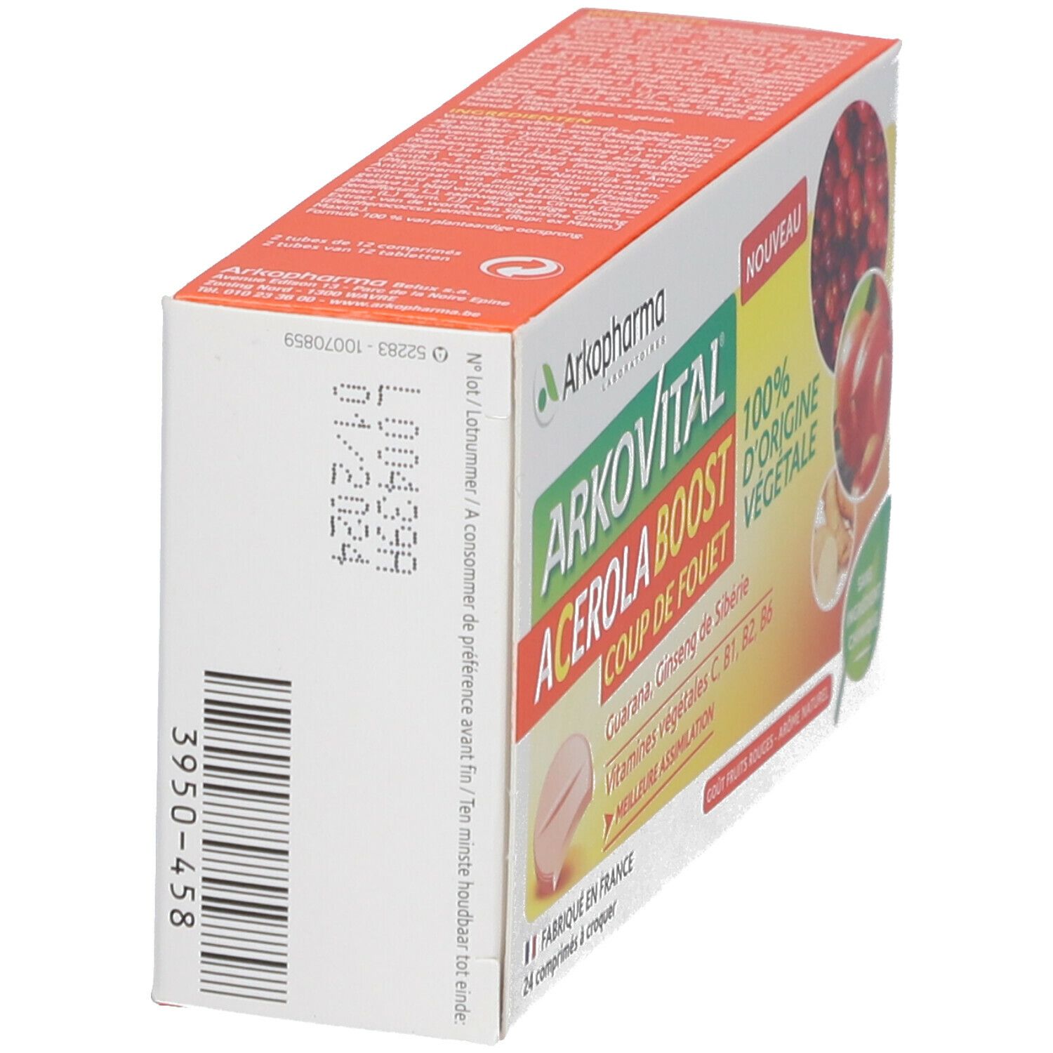 Boîte Arkovital Acerola Boost. Contient 24 comprimés. Avec fruits rouges, arôme et vitamines végétales.