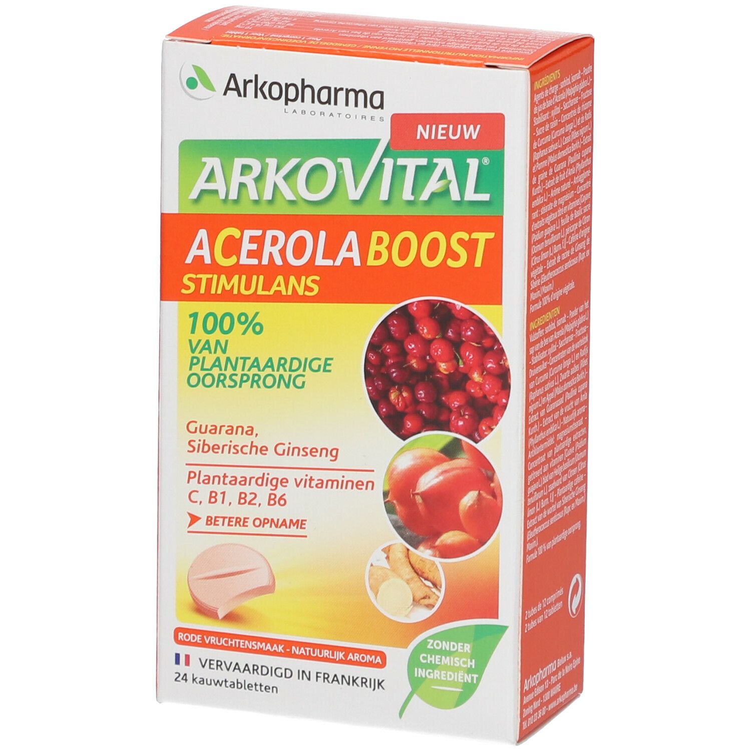 Boîte Arkovital Acerola Boost. Avec acérola, ginseng et guarana. Contient 24 comprimés.