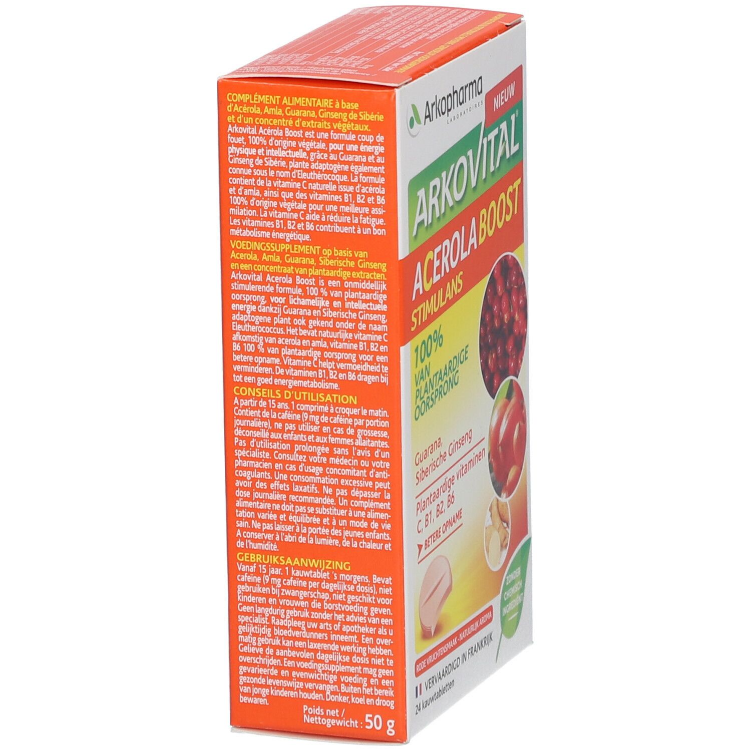 Boîte Arkovital Acerola Boost. Contient 24 comprimés. Avec fruits rouges, arôme et vitamines végétales.