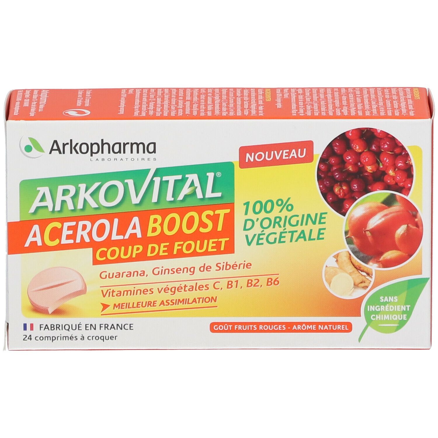Boîte Arkovital Acerola Boost. Contient 24 comprimés. Avec fruits rouges, arôme et vitamines végétales.