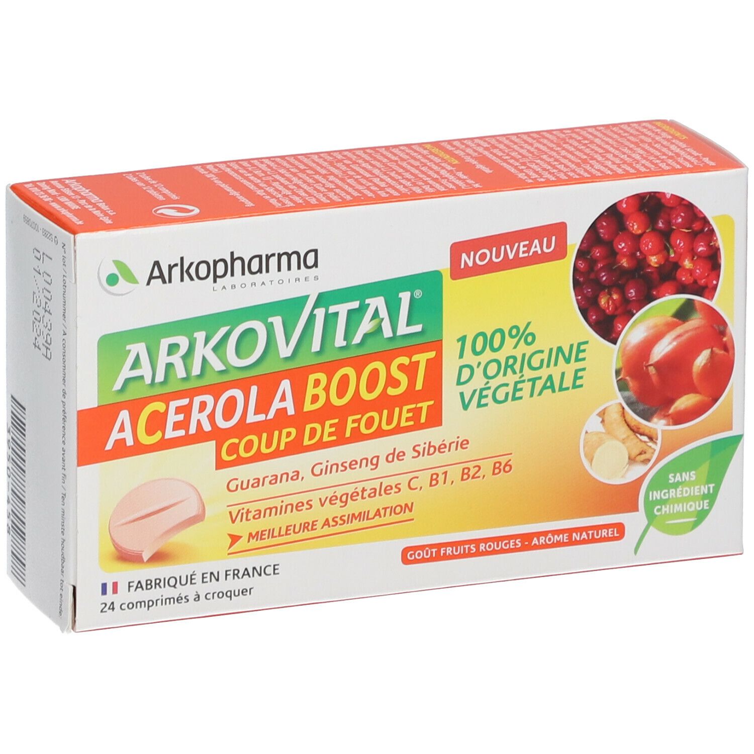 Boîte Arkovital Acerola Boost. Contient 24 comprimés. Avec fruits rouges, arôme et vitamines végétales.