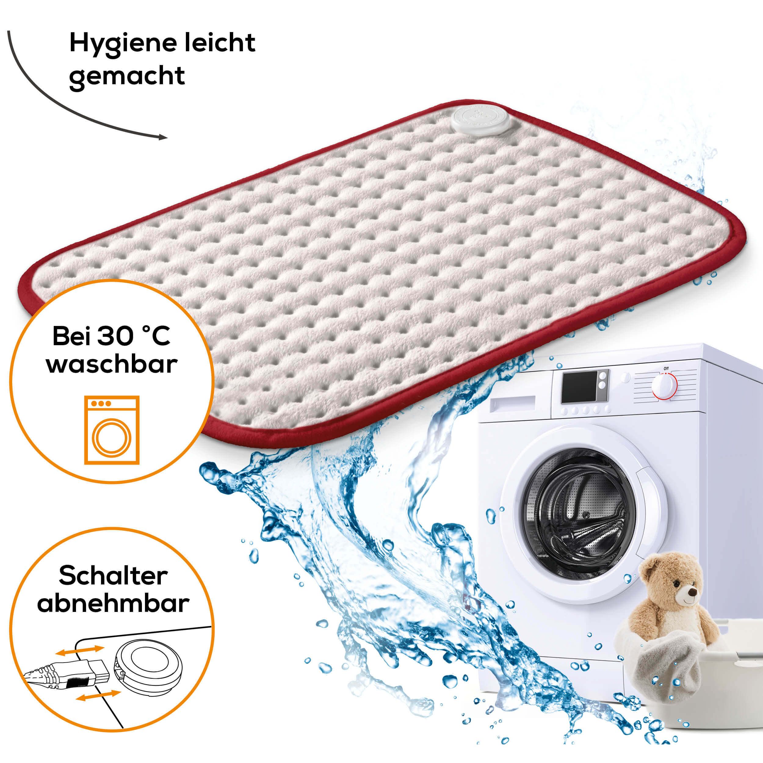 Heizkissen neben Waschmaschine. Waschbar bei 30°C. Abnehmbarer Schalter. Teddybär.