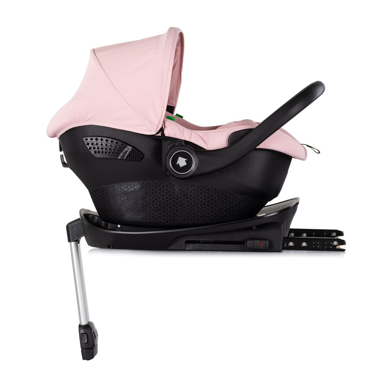 Baby-Autositz mit Basisstation, rosa Sitz und schwarzem Gestell.