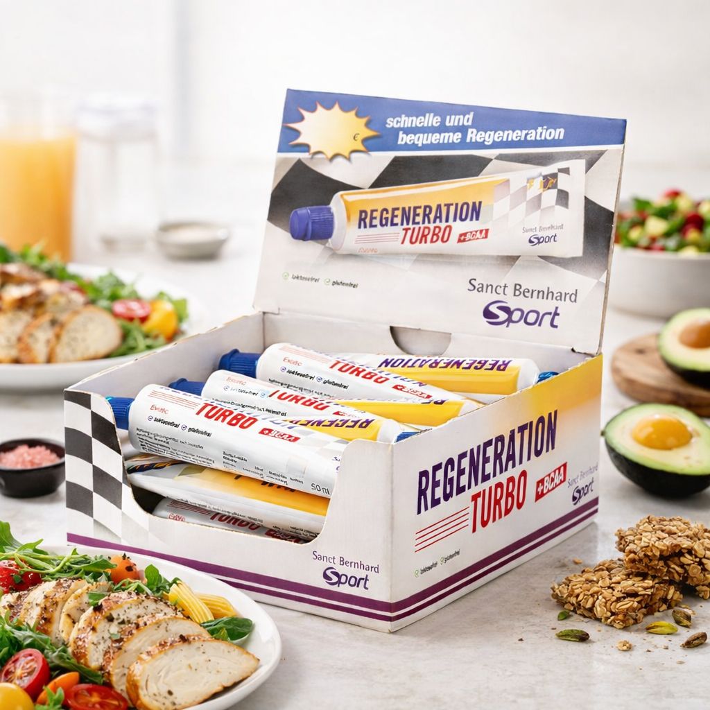 Verpackung mit 18 Tuben Regenerationsturbo +BCAA, neben Frühstück.