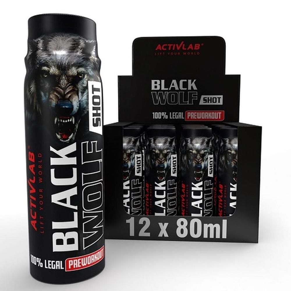 Schwarze Dose mit Wolfsgesicht und Schriftzug BLACK WOLF SHOT. 12 Dosen in einer schwarzen Box. Aufschrift: 100% LEGAL PREWORKOUT.