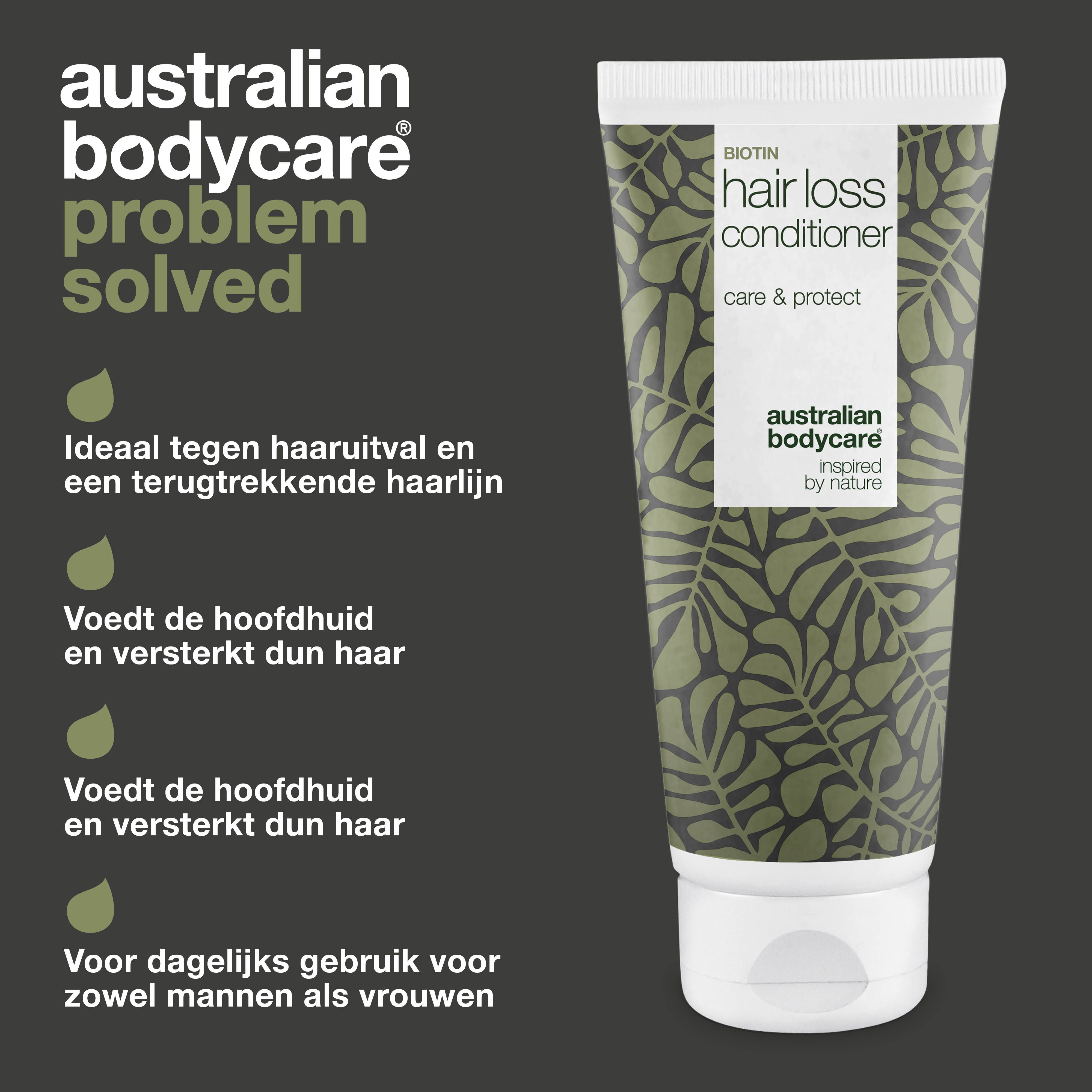 Tube haaruitval conditioner. Tekst: Hair loss conditioner, Australian Bodycare, Ideaal tegen haaruitval en een terugtrekkende haarlijn.