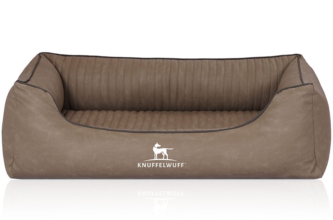 Orthopädisches Hundebett Columbia, braun. Mit Logo. Rechteckige Form mit erhöhten Seiten. Gesteppte Oberfläche.