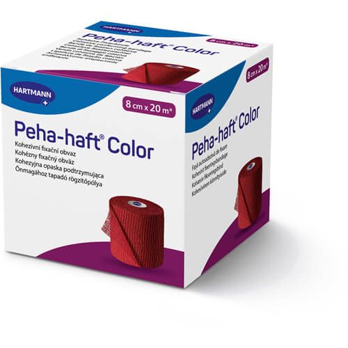 Verpackung der Peha-haft Color Fixierbinde, rot. Aufdrucke: Hartmann, 8 cm x 20 m. Produktabbildung.