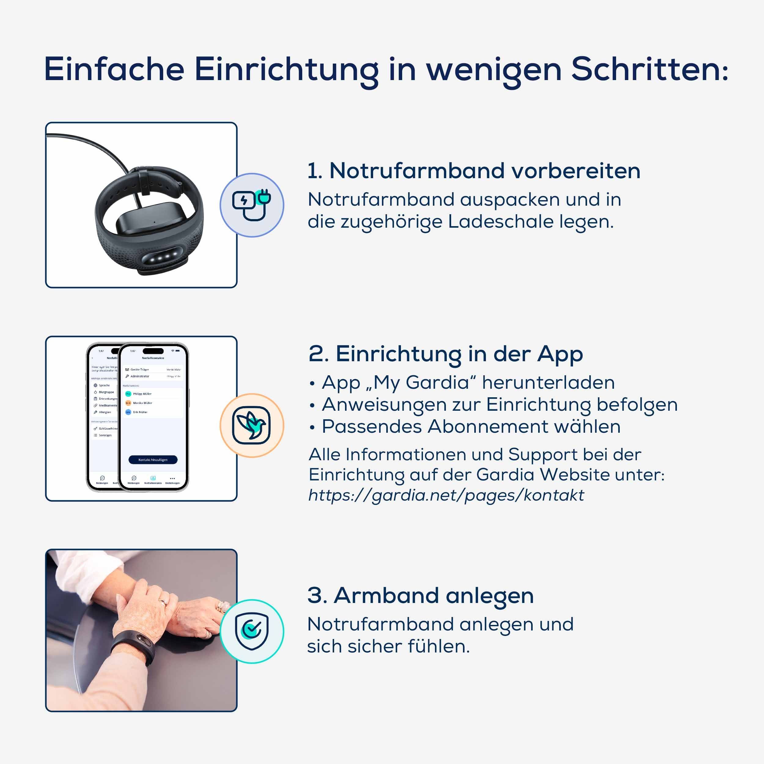 Anleitung zur Einrichtung des Notrufarmbands. Schritte: Vorbereiten, Einrichtung in der App, Anlegen des Armbands.
