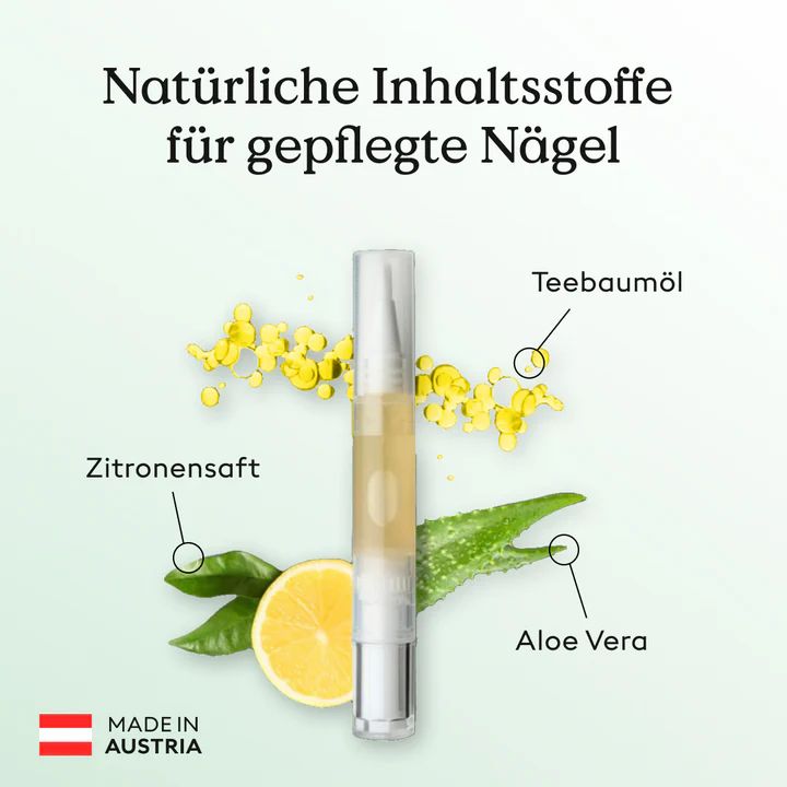Nagelpflege-Stift mit Zitrone, Aloe Vera und Teebaumöl. "Natürliche Inhaltsstoffe für gepflegte Nägel."