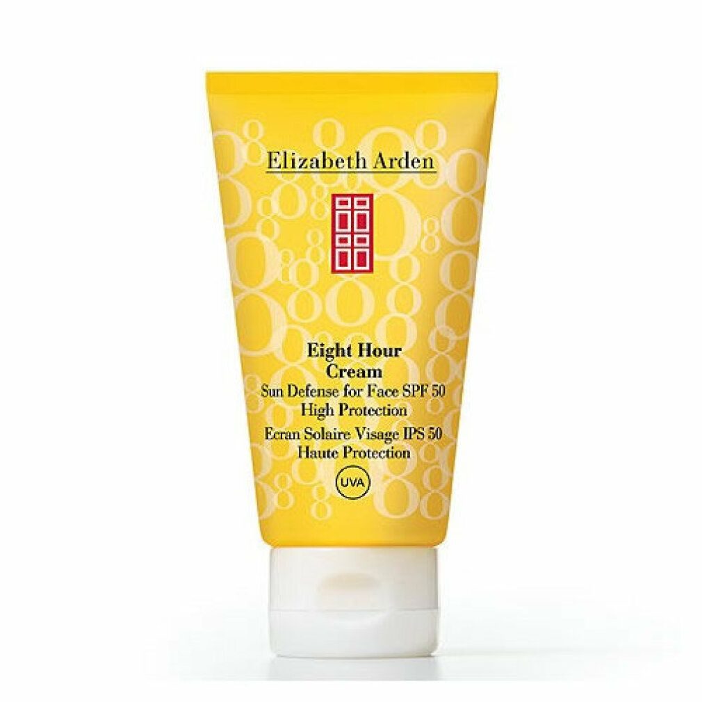 Gelbe Tube mit weißer Schrift. Produktname: Eight Hour Cream. Text: Sun Defense for Face SPF 50 PA+++. Hoher Sonnenschutz.