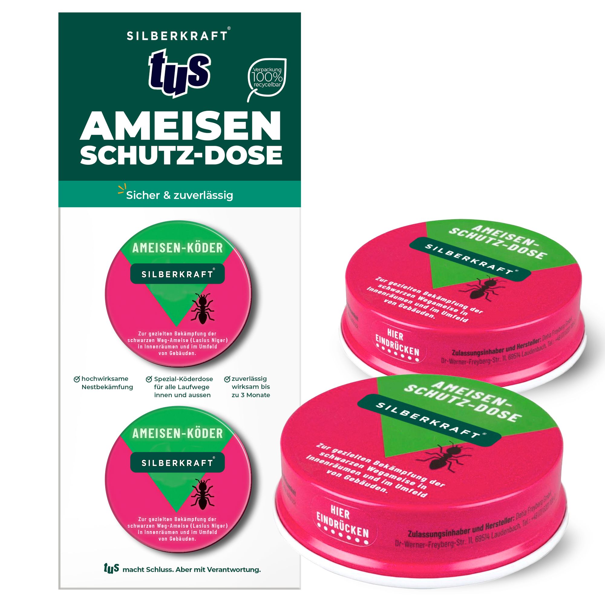 Packung und Köderdosen. Packung mit Produktname und Logo. Drei Dosen mit rotem Deckel und grünem Aufkleber. Aufschrift: Ameisen-Schutz-Dose.